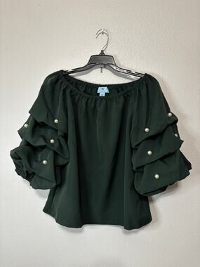 CECE Green and Faux Pearl Off-Shoulder Tiered Sleeve Blouse Size S